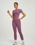Fitfemme Women's Short Sleeve Yoga Outfit Set - Buttery Soft, High - Waisted Leggings and Fitted Top for Workout, Gym, Running