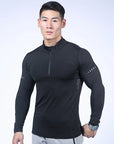 Mens Sports T-Shirt Long Sleeve Top Gym Clothing Fitness Compression Shirt Half Zip Pullover Quick Dry Sportswear