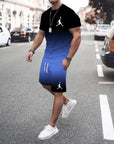 New summer 3D men's gradient suit casual fashion jogging sportswear short-sleeved T-shirt + street shorts two-piece set