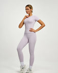Fitfemme Women's Short Sleeve Yoga Outfit Set - Buttery Soft, High - Waisted Leggings and Fitted Top for Workout, Gym, Running