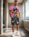 2025 Summer New Men's Sets Gradient Funy Duck Print Short Sleeve T-Shirt+Shorts Suit Casual Set Sports Streetwear 2 Piece Outfit