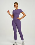 Fitfemme Women's Short Sleeve Yoga Outfit Set - Buttery Soft, High - Waisted Leggings and Fitted Top for Workout, Gym, Running