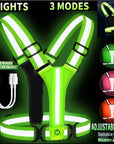 LED Running Vest USB Rechargeable Reflective Cycling Safety Vest Adjustable Strap High Visibility 3 Light Mode for Night Running