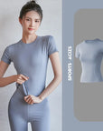 2024 Women's Sports Fitness Clothing Slim Running Sweat Absorbing Skinny Yoga Clothes Quick Drying Clothes Short Sleeved T-shirt
