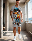 2025 Summer New Men's Sets Gradient Funy Duck Print Short Sleeve T-Shirt+Shorts Suit Casual Set Sports Streetwear 2 Piece Outfit