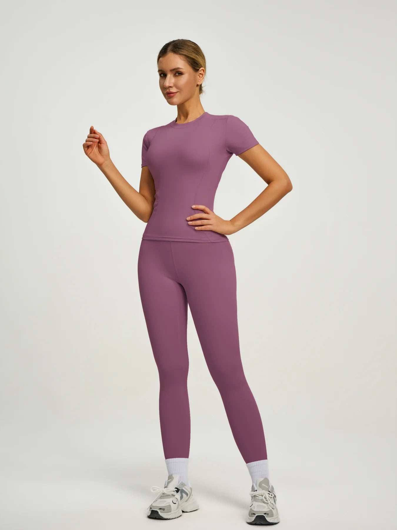 Fitfemme Women's Short Sleeve Yoga Outfit Set - Buttery Soft, High - Waisted Leggings and Fitted Top for Workout, Gym, Running