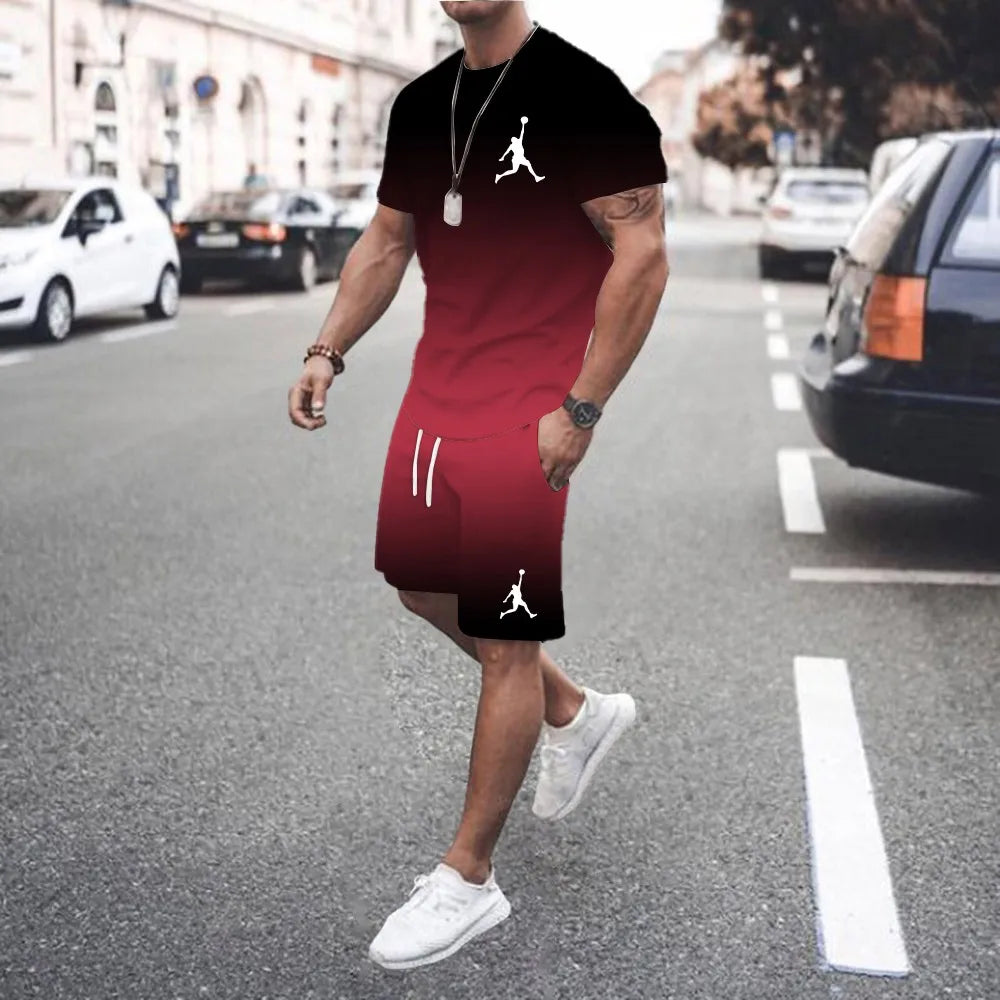 New summer 3D men's gradient suit casual fashion jogging sportswear short-sleeved T-shirt + street shorts two-piece set