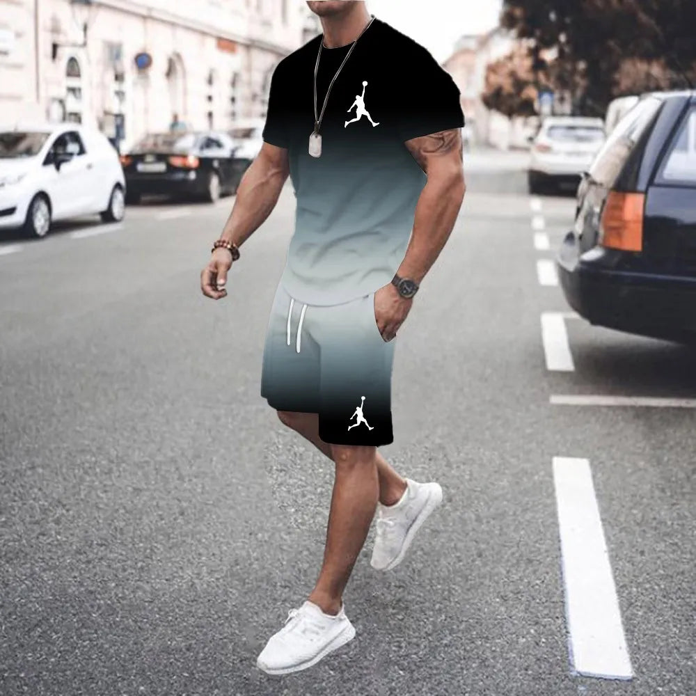 New summer 3D men's gradient suit casual fashion jogging sportswear short-sleeved T-shirt + street shorts two-piece set