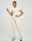 Fitfemme Women's Short Sleeve Yoga Outfit Set - Buttery Soft, High - Waisted Leggings and Fitted Top for Workout, Gym, Running