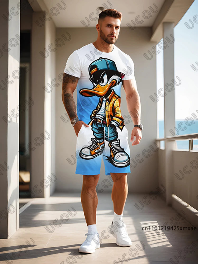 2025 Summer New Men's Sets Gradient Funy Duck Print Short Sleeve T-Shirt+Shorts Suit Casual Set Sports Streetwear 2 Piece Outfit