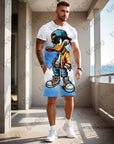 2025 Summer New Men's Sets Gradient Funy Duck Print Short Sleeve T-Shirt+Shorts Suit Casual Set Sports Streetwear 2 Piece Outfit