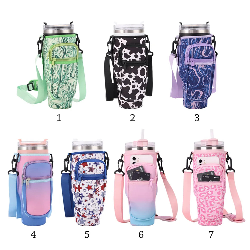 Shoulder Strap Water Bottle Holder Pouch Adjustable Multi Pockets Water Cup Bags with Phone Pocket Non-slip for 40oz Cup