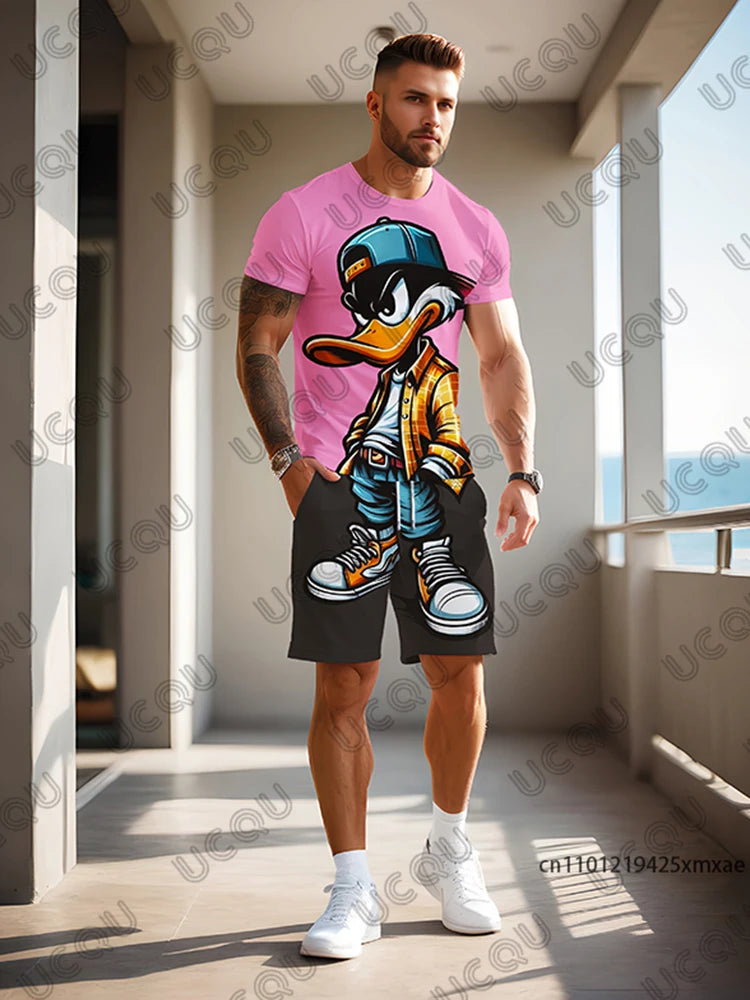 2025 Summer New Men's Sets Gradient Funy Duck Print Short Sleeve T-Shirt+Shorts Suit Casual Set Sports Streetwear 2 Piece Outfit