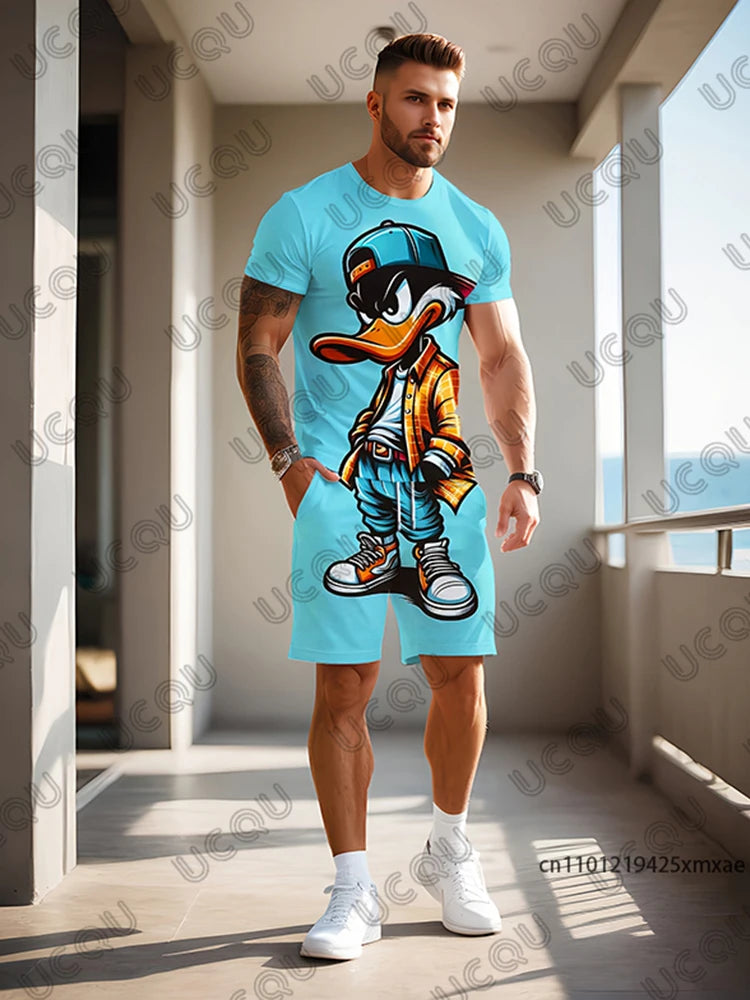 2025 Summer New Men's Sets Gradient Funy Duck Print Short Sleeve T-Shirt+Shorts Suit Casual Set Sports Streetwear 2 Piece Outfit