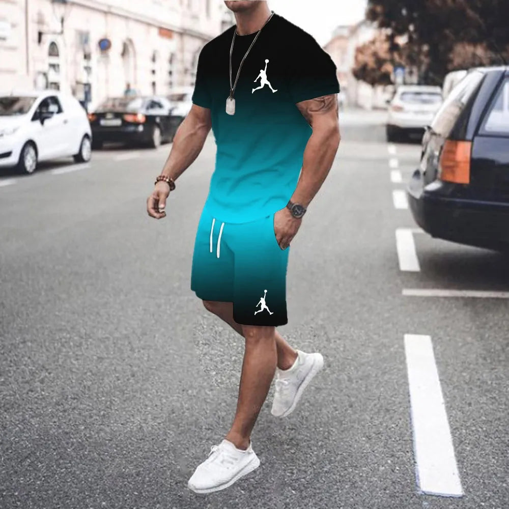 New summer 3D men's gradient suit casual fashion jogging sportswear short-sleeved T-shirt + street shorts two-piece set