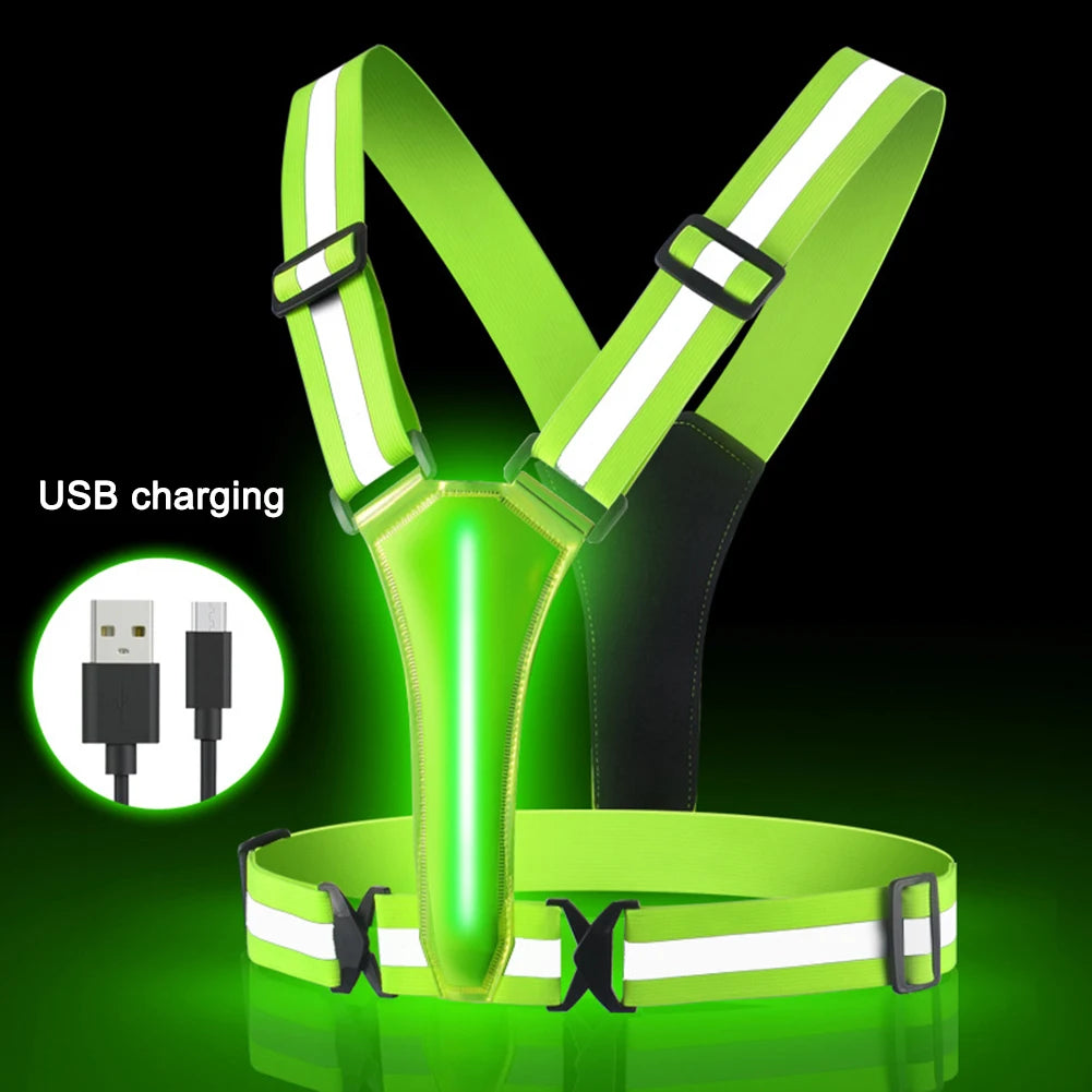 LED Running Vest USB Rechargeable Reflective Cycling Safety Vest Adjustable Strap High Visibility 3 Light Mode for Night Running