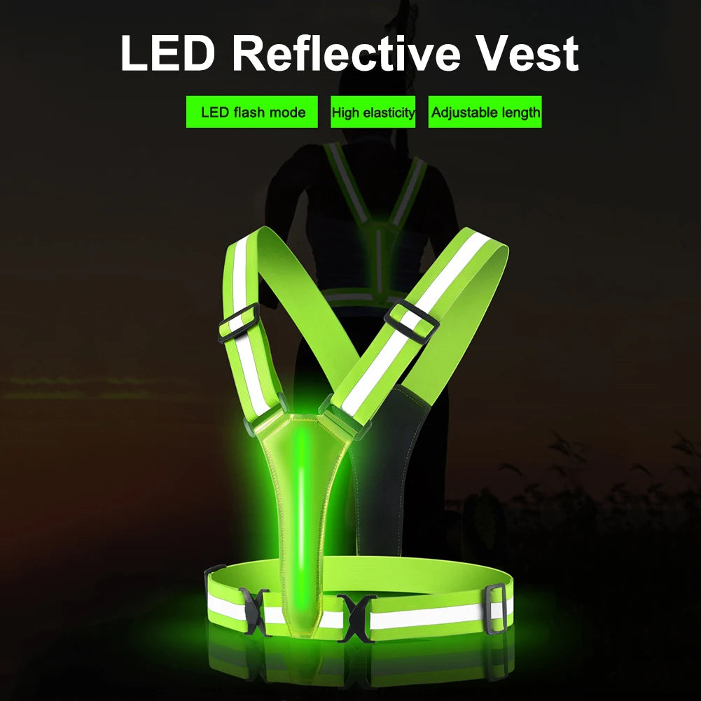 LED Running Vest USB Rechargeable Reflective Cycling Safety Vest Adjustable Strap High Visibility 3 Light Mode for Night Running