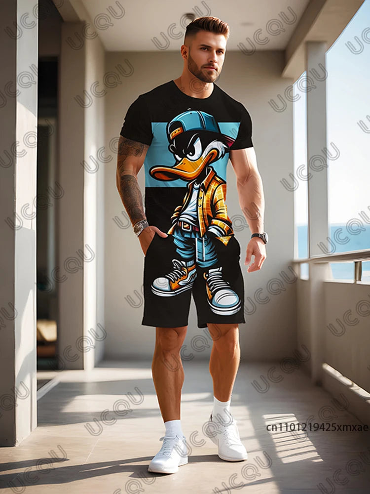 2025 Summer New Men's Sets Gradient Funy Duck Print Short Sleeve T-Shirt+Shorts Suit Casual Set Sports Streetwear 2 Piece Outfit