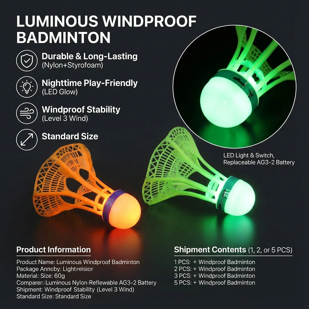 Glow-in-the-Dark LED Badminton Shuttlecocks (1/2/5 Packs): Windproof Design for Practice &amp; Nighttime Play