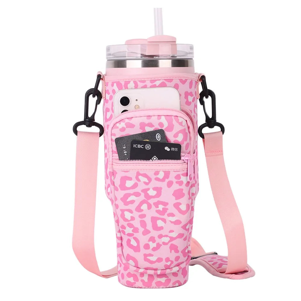 Shoulder Strap Water Bottle Holder Pouch Adjustable Multi Pockets Water Cup Bags with Phone Pocket Non-slip for 40oz Cup