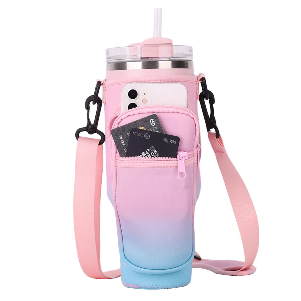 Shoulder Strap Water Bottle Holder Pouch Adjustable Multi Pockets Water Cup Bags with Phone Pocket Non-slip for 40oz Cup