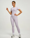 Fitfemme Women's Short Sleeve Yoga Outfit Set - Buttery Soft, High - Waisted Leggings and Fitted Top for Workout, Gym, Running