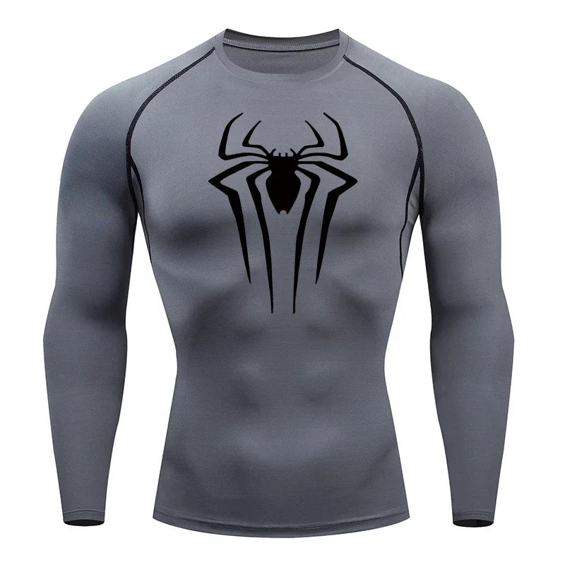 Spider Print Long Sleeve Compression Shirts for Men Gym Workout Rash Guard Undershirts Baselayers Athletic Quick Dry Tees Tops