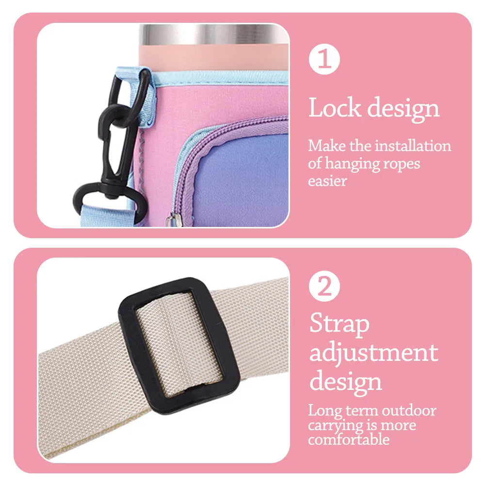 Shoulder Strap Water Bottle Holder Pouch Adjustable Multi Pockets Water Cup Bags with Phone Pocket Non-slip for 40oz Cup