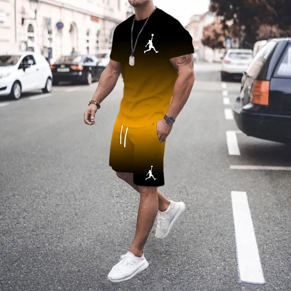 New summer 3D men's gradient suit casual fashion jogging sportswear short-sleeved T-shirt + street shorts two-piece set