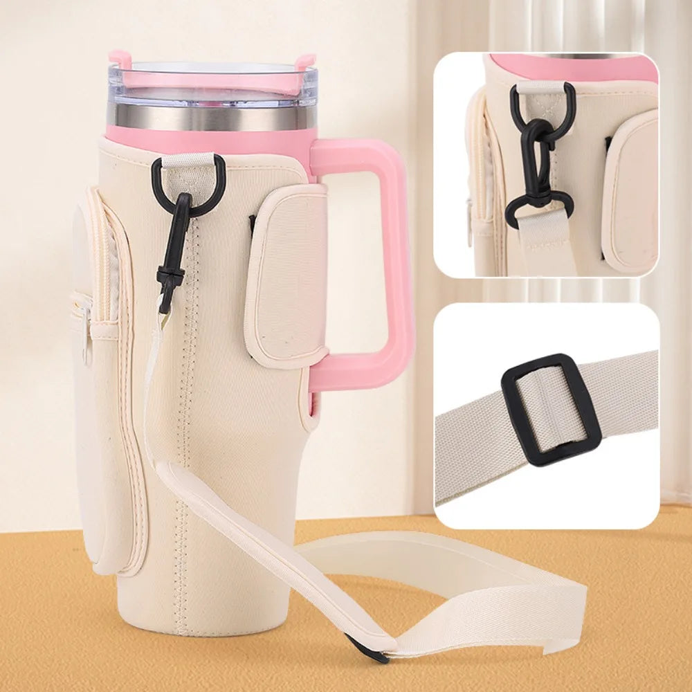 Shoulder Strap Water Bottle Holder Pouch Adjustable Multi Pockets Water Cup Bags with Phone Pocket Non-slip for 40oz Cup