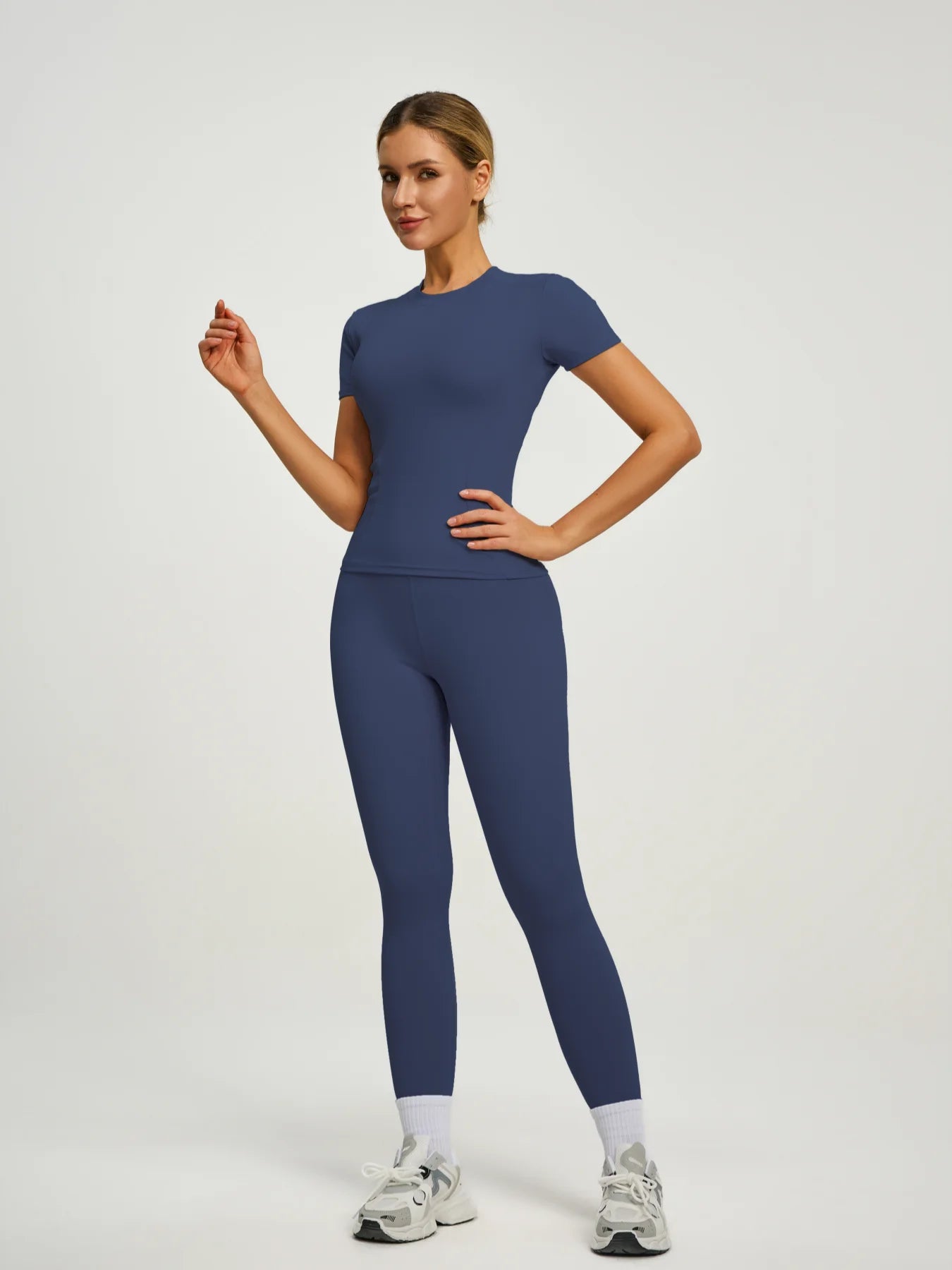 Fitfemme Women's Short Sleeve Yoga Outfit Set - Buttery Soft, High - Waisted Leggings and Fitted Top for Workout, Gym, Running