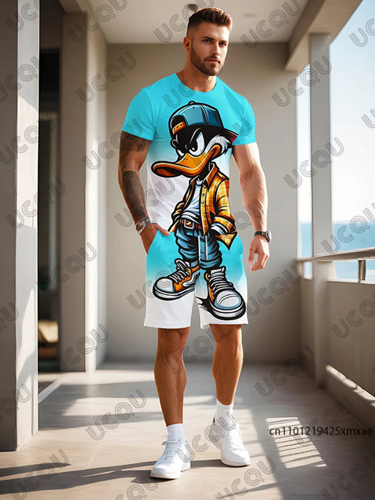 2025 Summer New Men's Sets Gradient Funy Duck Print Short Sleeve T-Shirt+Shorts Suit Casual Set Sports Streetwear 2 Piece Outfit