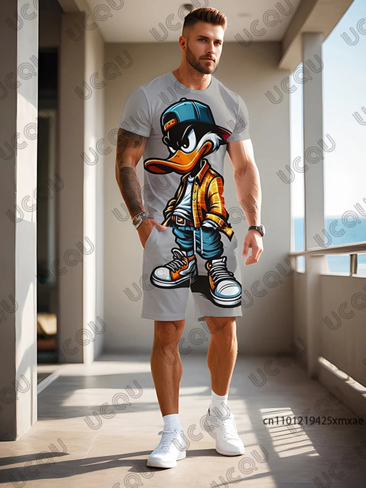 2025 Summer New Men's Sets Gradient Funy Duck Print Short Sleeve T-Shirt+Shorts Suit Casual Set Sports Streetwear 2 Piece Outfit
