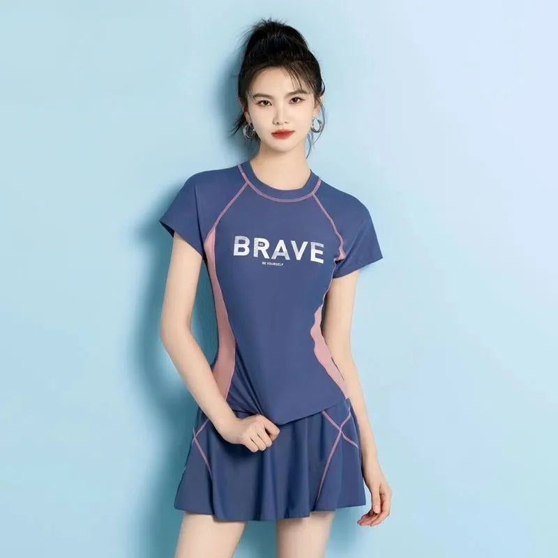 Women's Conservative Vacation Two-Piece Swimsuit Set, Thin Belly Swimming Suit, Student Swimwear, Young Lady, Sports Style, New