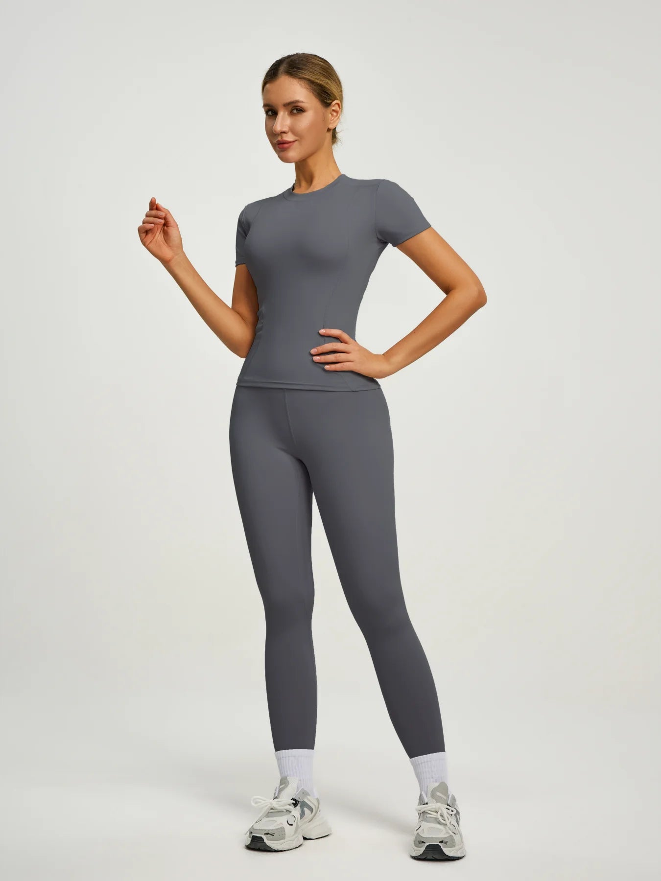 Fitfemme Women's Short Sleeve Yoga Outfit Set - Buttery Soft, High - Waisted Leggings and Fitted Top for Workout, Gym, Running