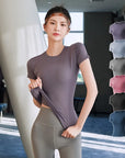 2024 Women's Sports Fitness Clothing Slim Running Sweat Absorbing Skinny Yoga Clothes Quick Drying Clothes Short Sleeved T-shirt